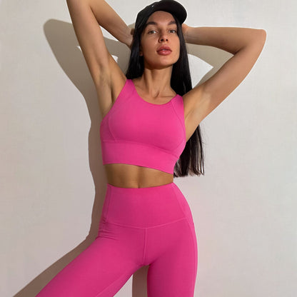Popular Nude Fabric Sports Tank Top High Waist Pants Double Pocket Yoga Suit Set