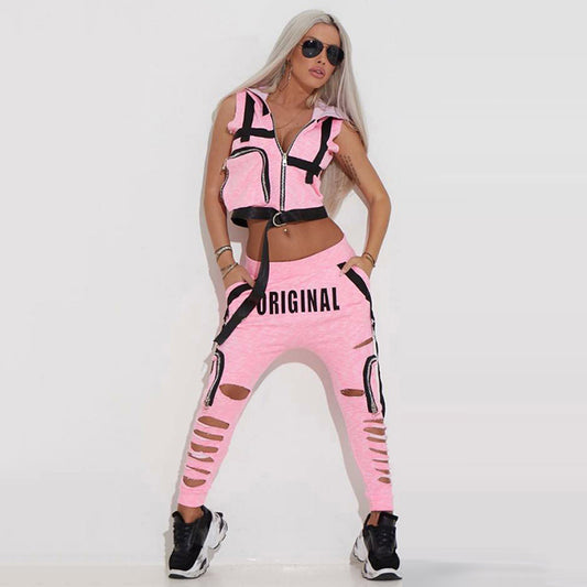 Fashion Hooded Zipper Tank Top Perforated Trouser Set
